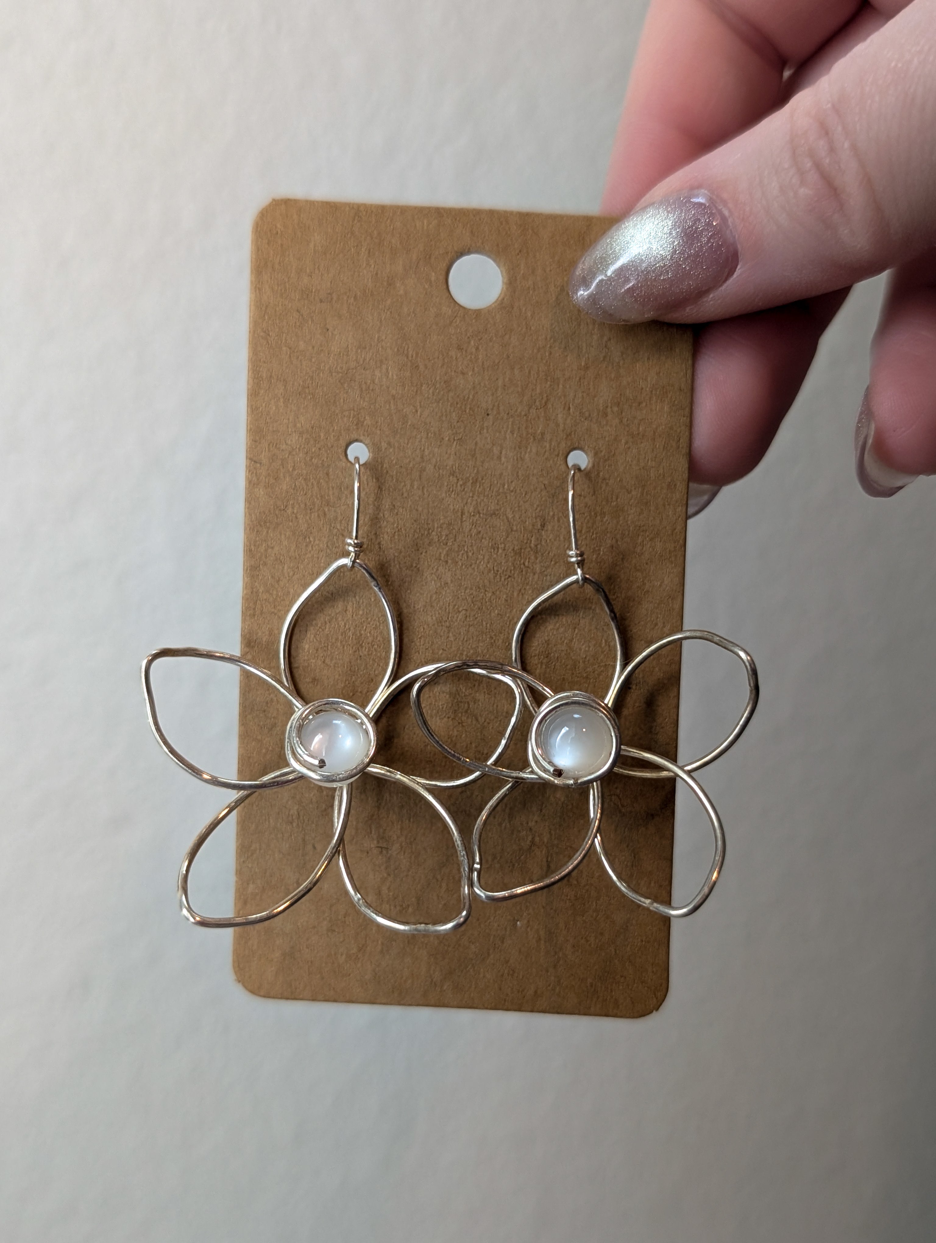 Dangly Flower White Moonstone Earrings